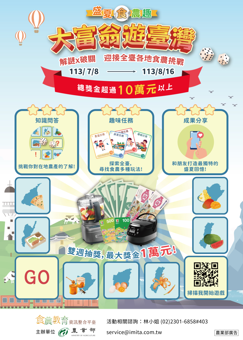 函轉農業部食農教育資訊整合平臺辦理「盛夏食農趣：大富翁遊臺灣」食農教育推廣活動。
